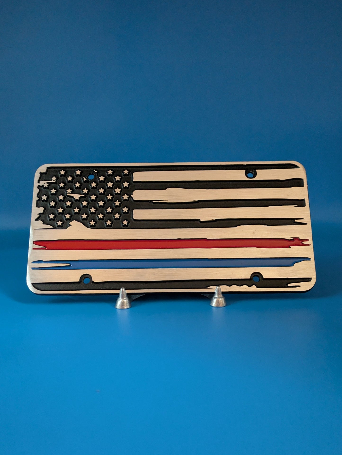 License Plate - Red & Blue Line Flag - Solid CNC Aluminum