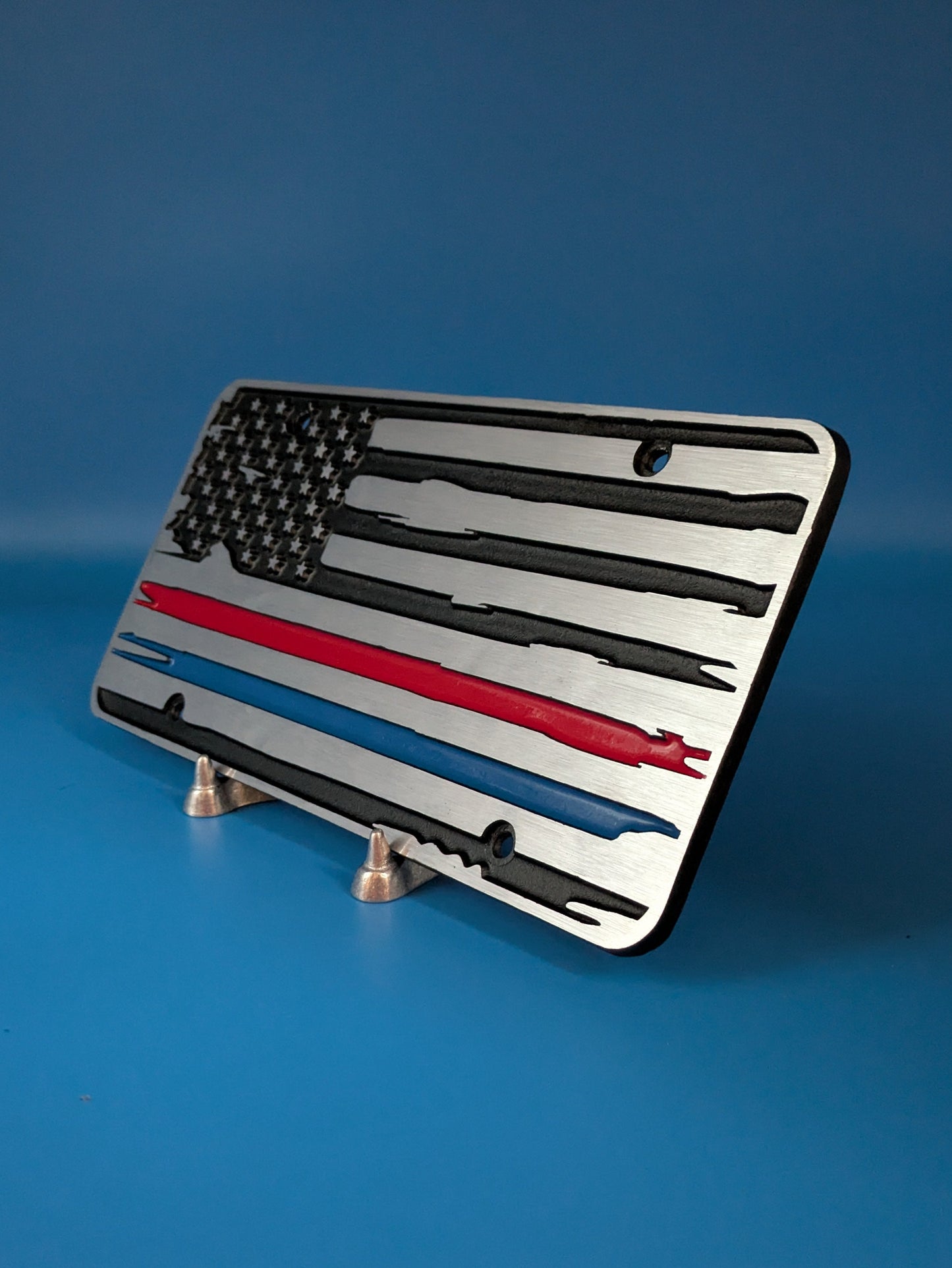 License Plate - Red & Blue Line Flag - Solid CNC Aluminum